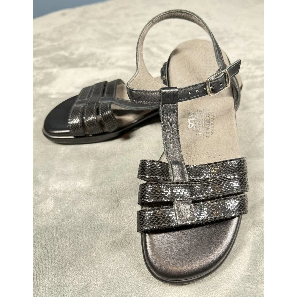 SAS Sandals Womens Size 7 Black Tripad Comfort Slingback Wedge Strappy‎ Leather